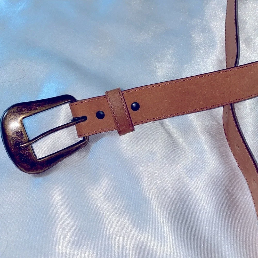 Womens Tan Brown Adjustable Waist Belt Small Medium Antique Brass Buckle‎